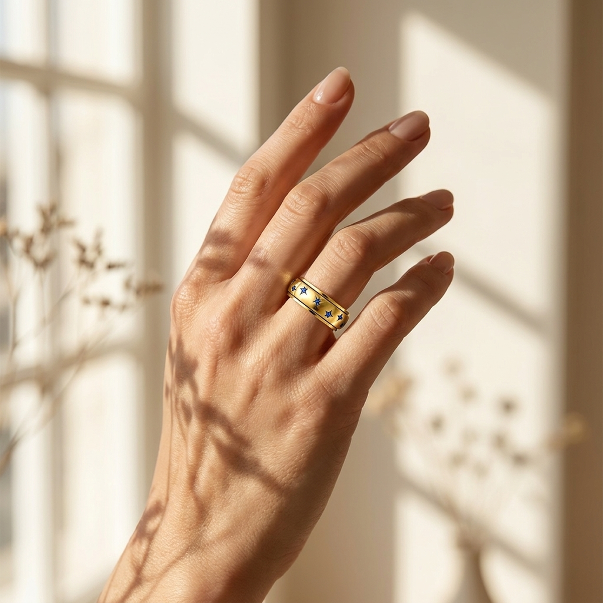 Anel Estrela Dourado com Cristal Azul