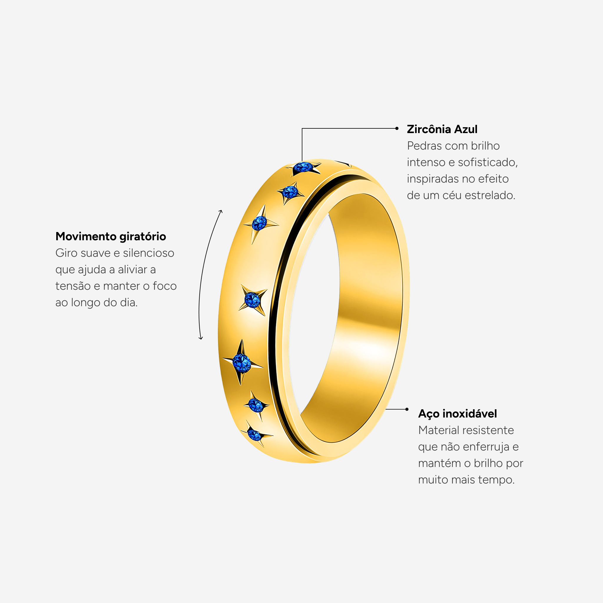 Anel Estrela Dourado com Cristal Azul