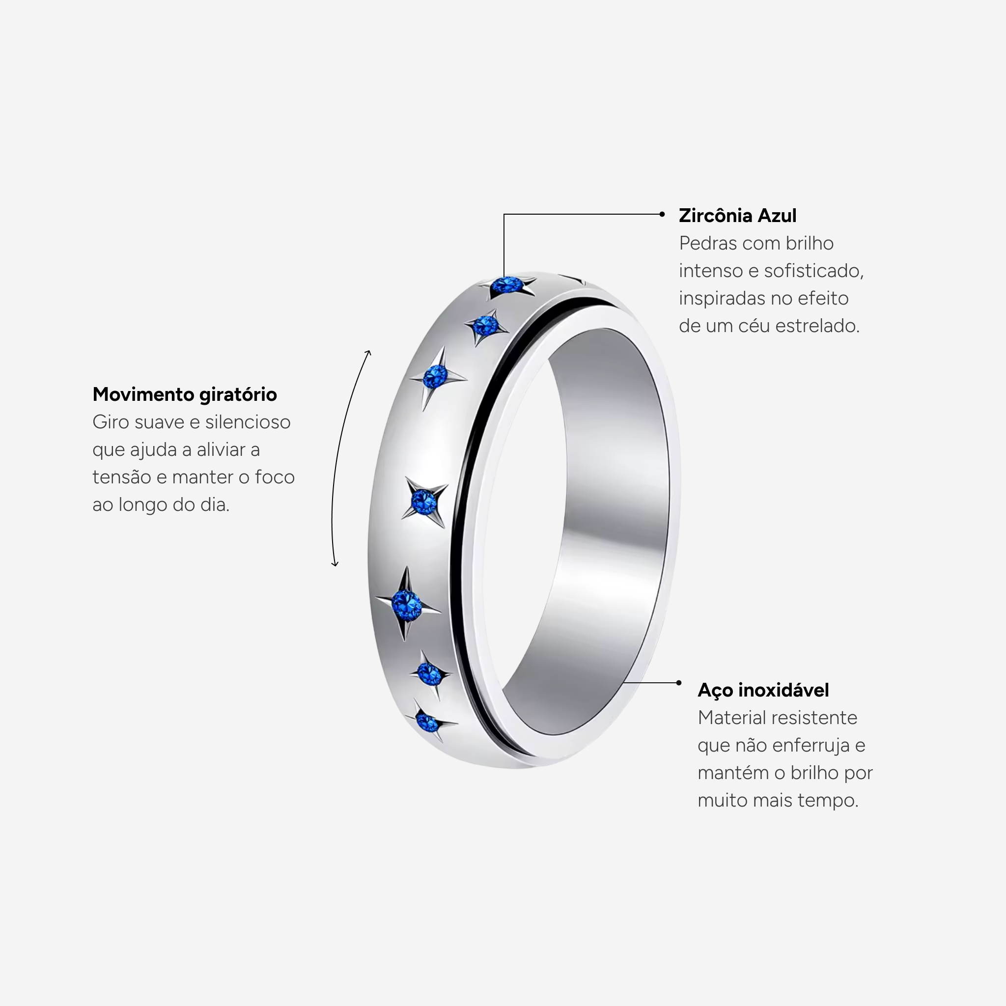 Anel Estrela Prateada com Cristal Azul